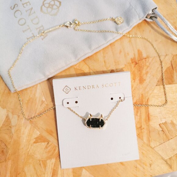 NEW Kendra Scott Elisa Cat Black Drusy Necklace Gold - Picture 3 of 3